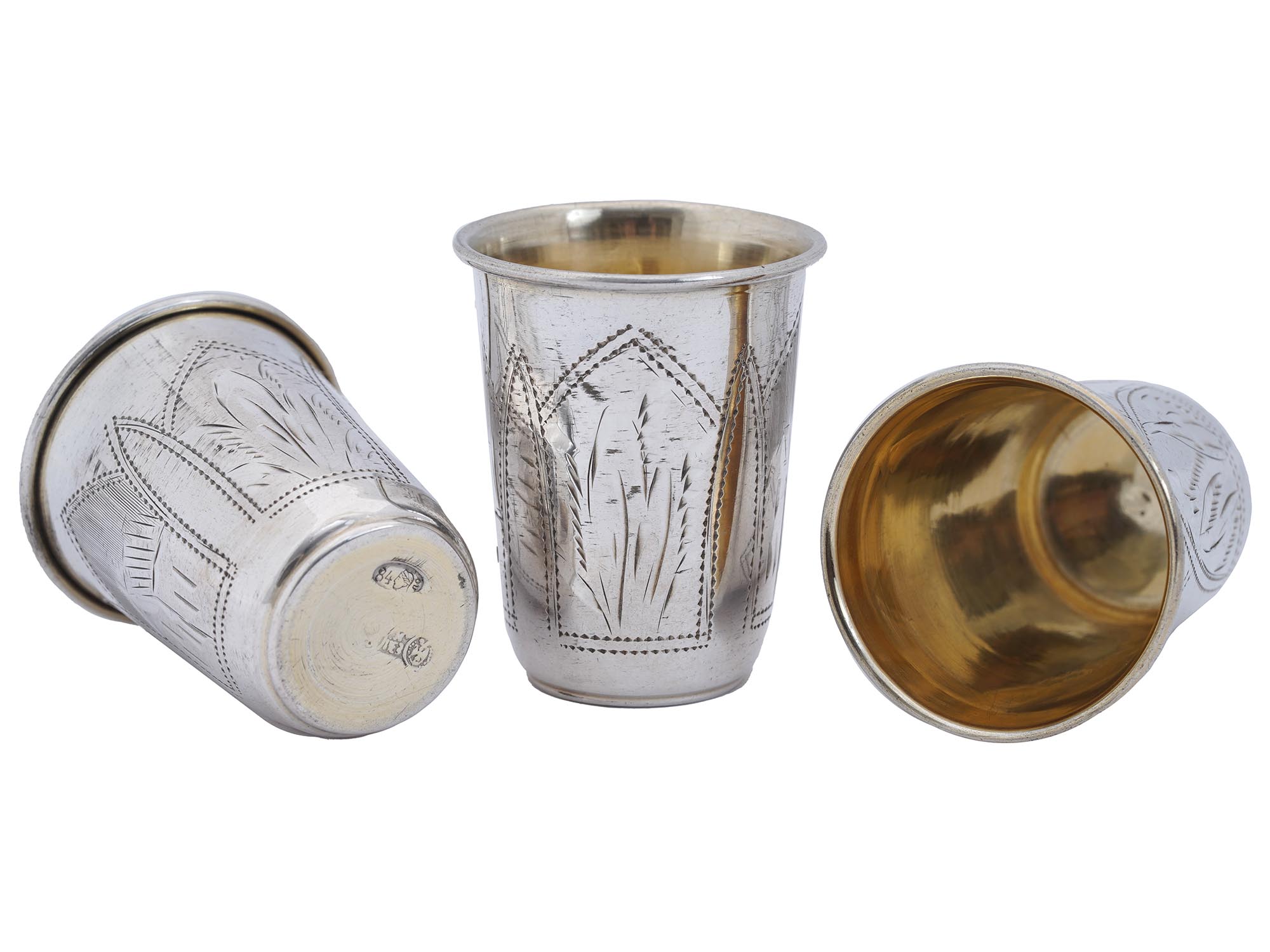 RUSSIAN ENGRAVED GILT SILVER VODKA CUPS, 6 PCS PIC-1